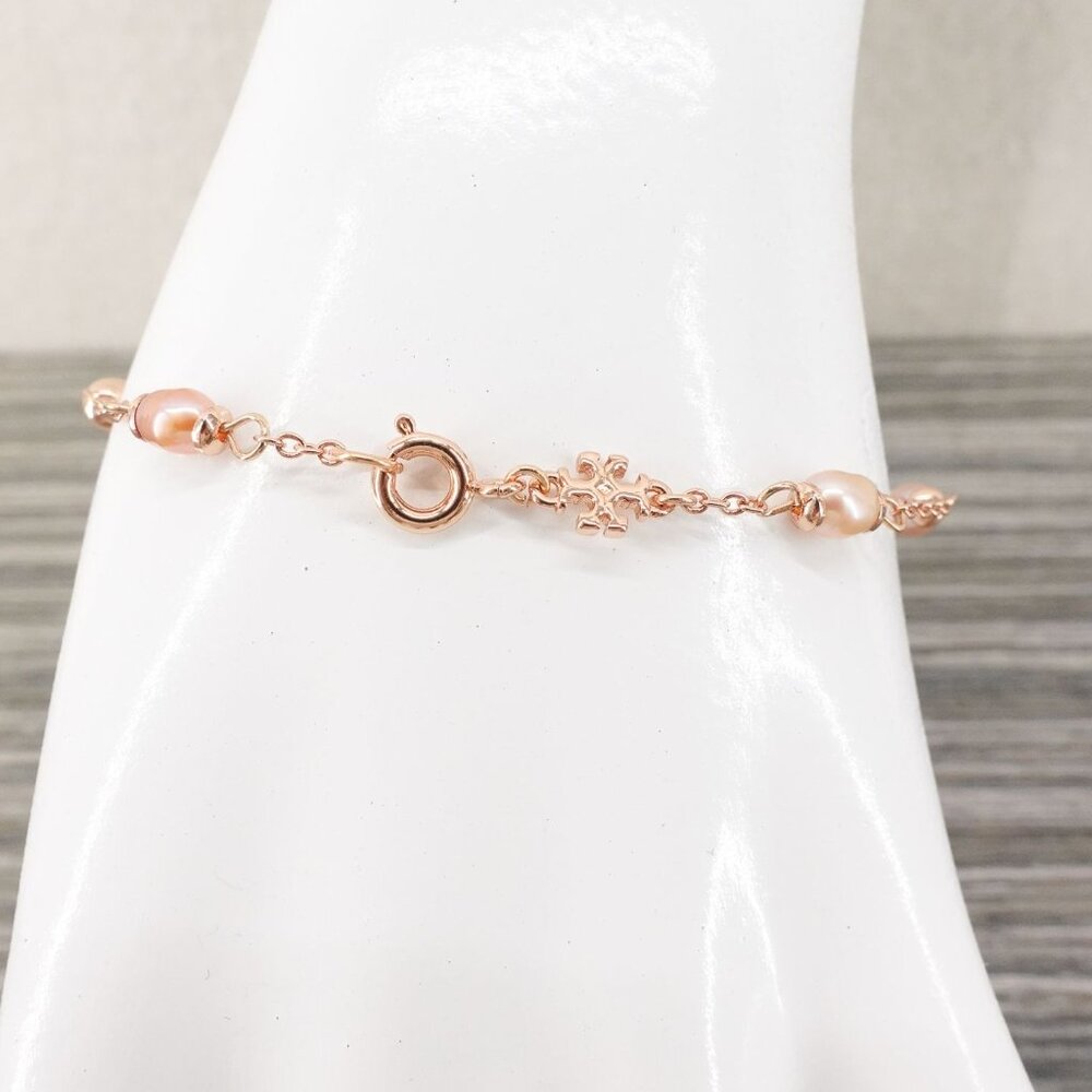 Tory Burch Miller Pave Logo Cultured Pearls Bracelet Rose Gold OS - Picture 9 of 12